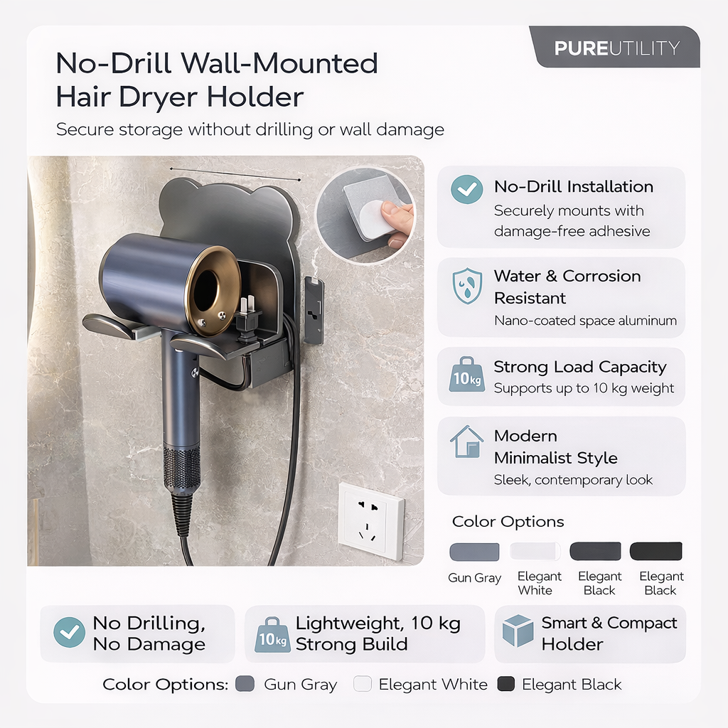 PUREUTILITY Wall-Mounted Hair Dryer Rack – No-Drill Installation