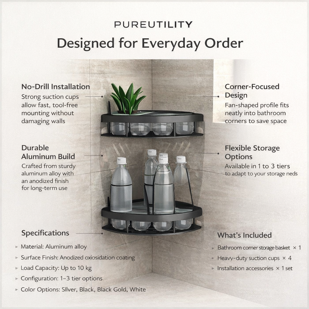 PUREUTILITY Corner Shower Storage Basket – No-Drill Wall Mounted